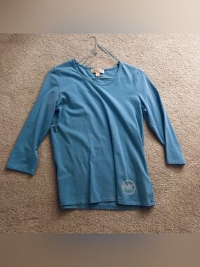 Michael Kors Rhinestone MK Logo Tee Crew Neck 3/4 Long Sleeve Top Pale Sky Blue